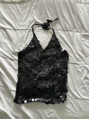 Black Sequin Halter Cami Top